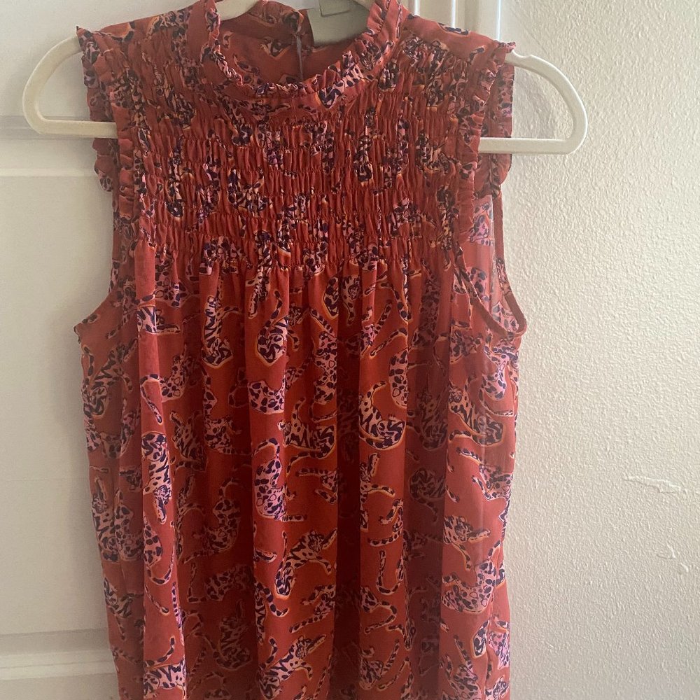 Maeve by Anthropologie Red/Pink Mock Neck Sleeveless Leopard Print Top size 6